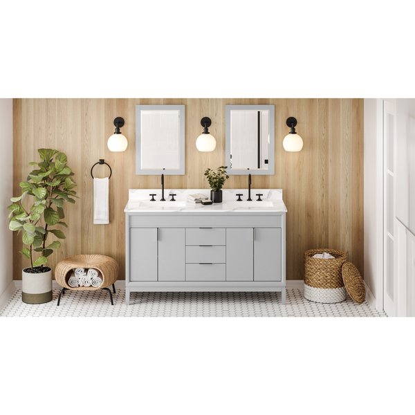 Jeffrey Alexander 60In. Grey Theodora Vanity, Dbl Bowl, Calacatta Vienna Quartz Vanity Top, 2 Undrmnt Rctngl Bowls VKITTHE60GRCQR